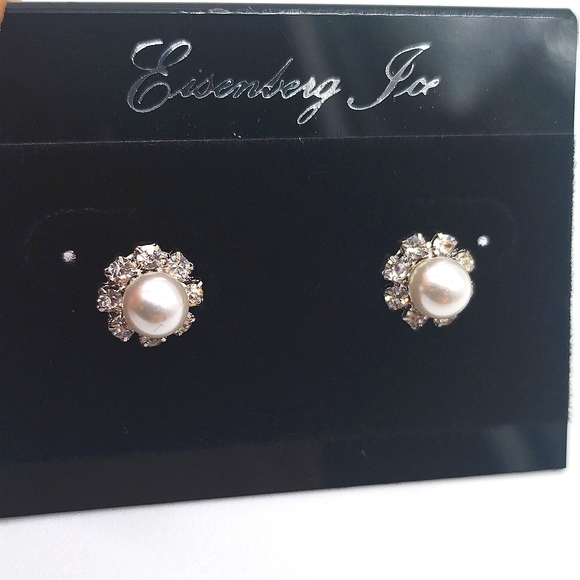 Vintage Eisenberg Ice Pearl Flower Pave Cubic Zirconia Silver Stud Earrings - Picture 3 of 5